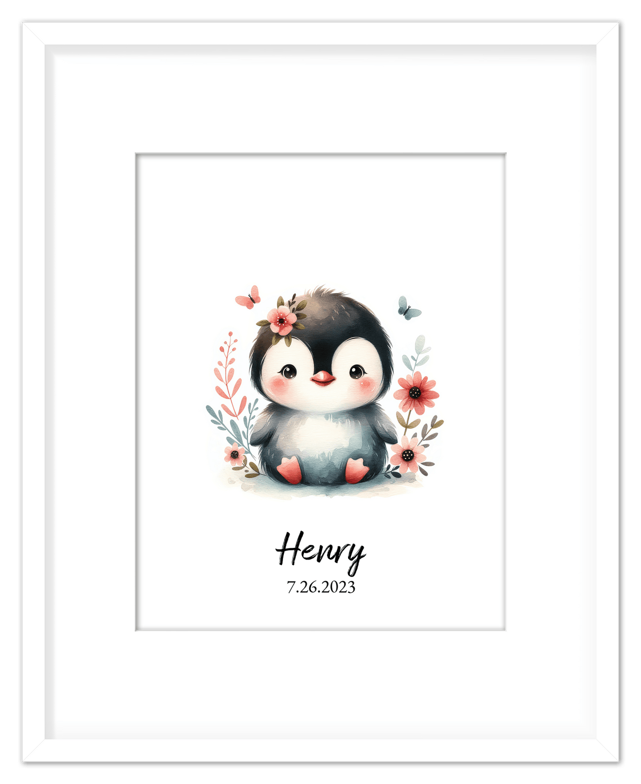 Personalized Nursery Wall Art - Custom Penguin Portrait Baby Room Decor, Cute Safari & Woodland Animal for Kids, Toddler Bedroom, Framed Artwork, Best Gift for Moms, Girls, Boys, Family, Couples, & Friends - Front View