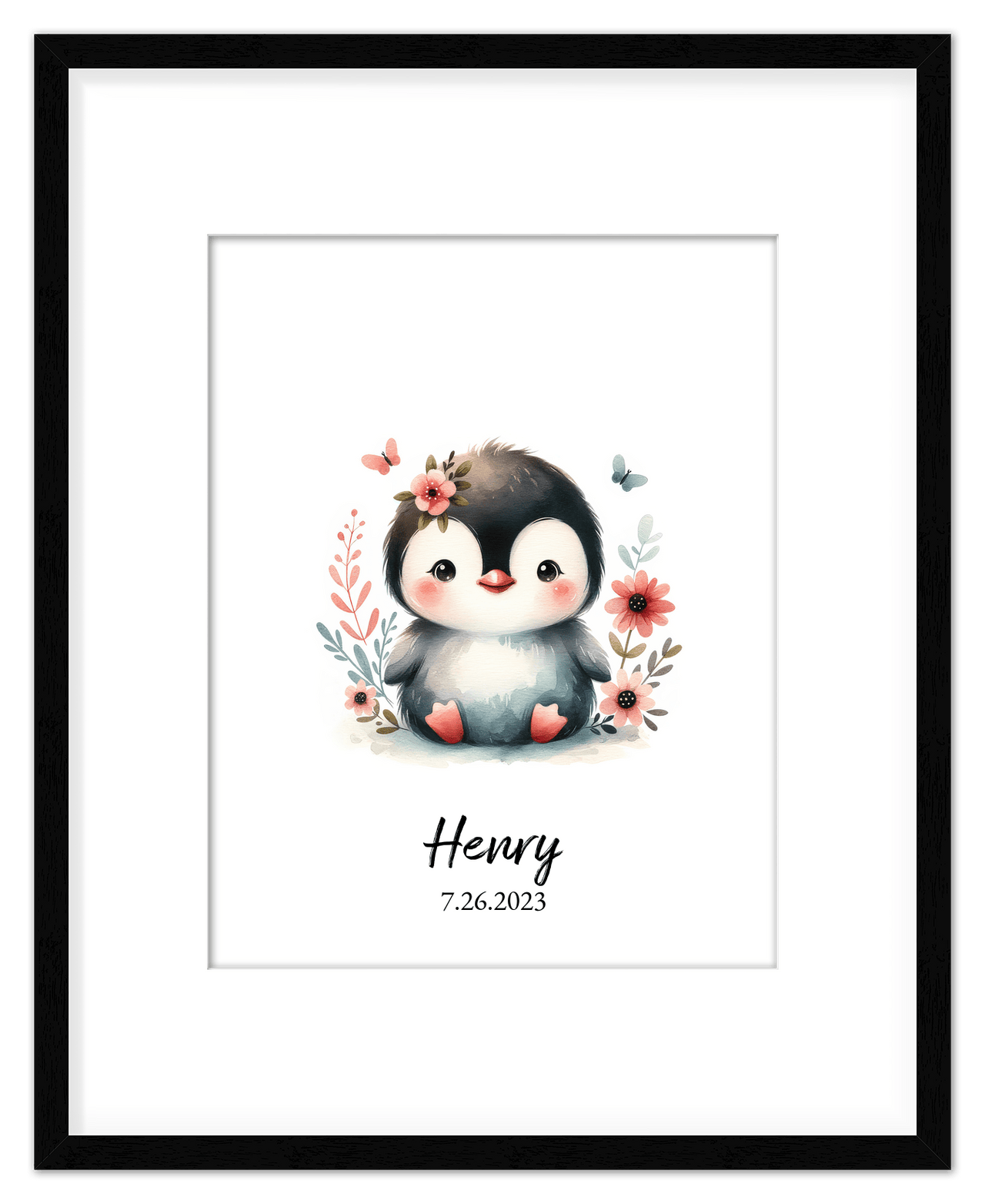 Personalized Nursery Wall Art - Custom Penguin Portrait Baby Room Decor, Cute Safari & Woodland Animal for Kids, Toddler Bedroom, Framed Artwork, Best Gift for Moms, Girls, Boys, Family, Couples, & Friends - Front View