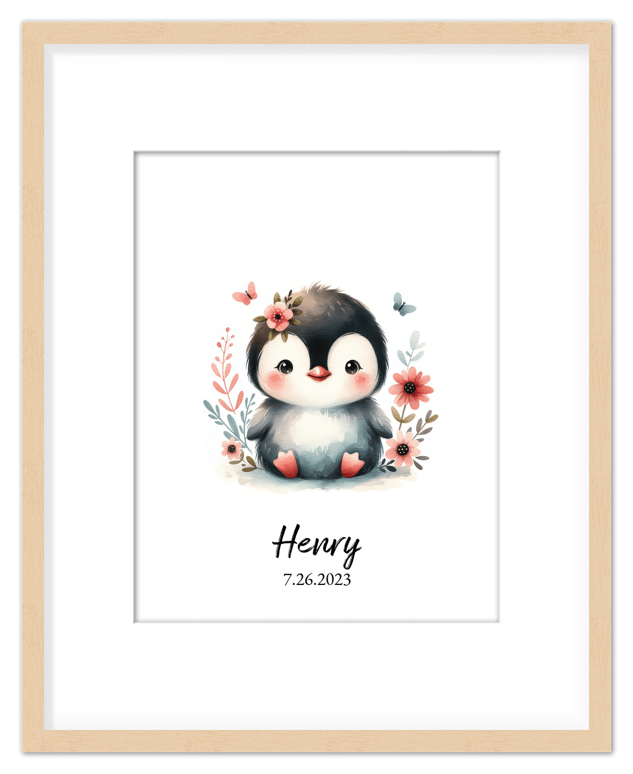 Personalized Nursery Wall Art - Custom Penguin Portrait Baby Room Decor, Cute Safari & Woodland Animal for Kids, Toddler Bedroom, Framed Artwork, Best Gift for Moms, Girls, Boys, Family, Couples, & Friends - Front View
