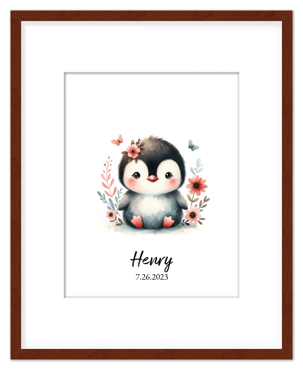 Personalized Nursery Wall Art - Custom Penguin Portrait Baby Room Decor, Cute Safari & Woodland Animal for Kids, Toddler Bedroom, Framed Artwork, Best Gift for Moms, Girls, Boys, Family, Couples, & Friends - Front View