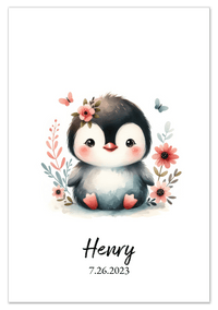 Thumbnail for Personalized Nursery Wall Art - Custom Penguin Portrait Baby Room Decor, Cute Safari & Woodland Animal for Kids, Toddler Bedroom, Framed Artwork, Best Gift for Moms, Girls, Boys, Family, Couples, & Friends - Front View