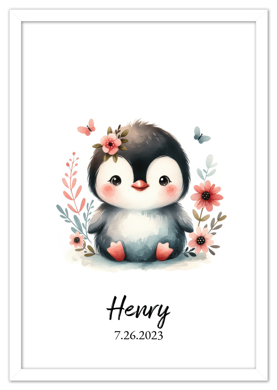Personalized Nursery Wall Art - Custom Penguin Portrait Baby Room Decor, Cute Safari & Woodland Animal for Kids, Toddler Bedroom, Framed Artwork, Best Gift for Moms, Girls, Boys, Family, Couples, & Friends - Front View