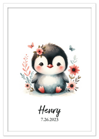 Thumbnail for Personalized Nursery Wall Art - Custom Penguin Portrait Baby Room Decor, Cute Safari & Woodland Animal for Kids, Toddler Bedroom, Framed Artwork, Best Gift for Moms, Girls, Boys, Family, Couples, & Friends - Front View