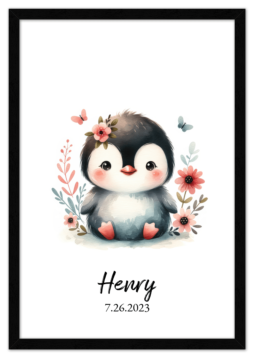 Personalized Nursery Wall Art - Custom Penguin Portrait Baby Room Decor, Cute Safari & Woodland Animal for Kids, Toddler Bedroom, Framed Artwork, Best Gift for Moms, Girls, Boys, Family, Couples, & Friends - Front View