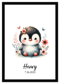 Thumbnail for Personalized Nursery Wall Art - Custom Penguin Portrait Baby Room Decor, Cute Safari & Woodland Animal for Kids, Toddler Bedroom, Framed Artwork, Best Gift for Moms, Girls, Boys, Family, Couples, & Friends - Front View