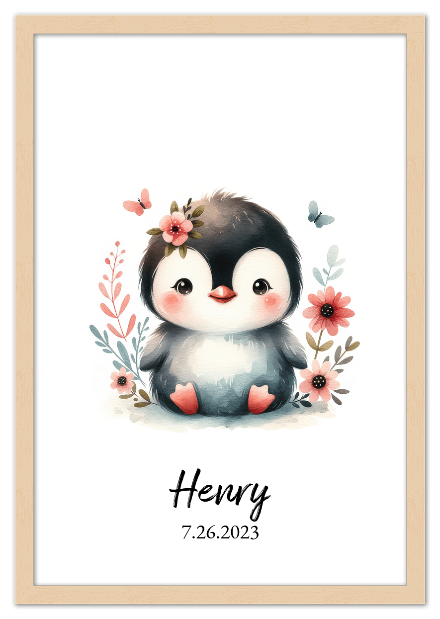 Personalized Nursery Wall Art - Custom Penguin Portrait Baby Room Decor, Cute Safari & Woodland Animal for Kids, Toddler Bedroom, Framed Artwork, Best Gift for Moms, Girls, Boys, Family, Couples, & Friends - Front View