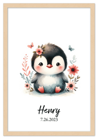Thumbnail for Personalized Nursery Wall Art - Custom Penguin Portrait Baby Room Decor, Cute Safari & Woodland Animal for Kids, Toddler Bedroom, Framed Artwork, Best Gift for Moms, Girls, Boys, Family, Couples, & Friends - Front View