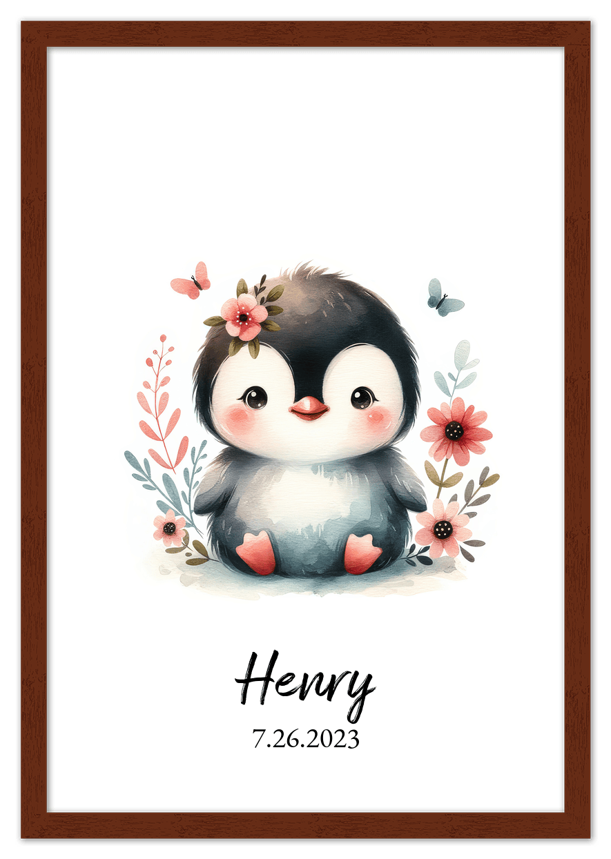 Personalized Nursery Wall Art - Custom Penguin Portrait Baby Room Decor, Cute Safari & Woodland Animal for Kids, Toddler Bedroom, Framed Artwork, Best Gift for Moms, Girls, Boys, Family, Couples, & Friends - Front View