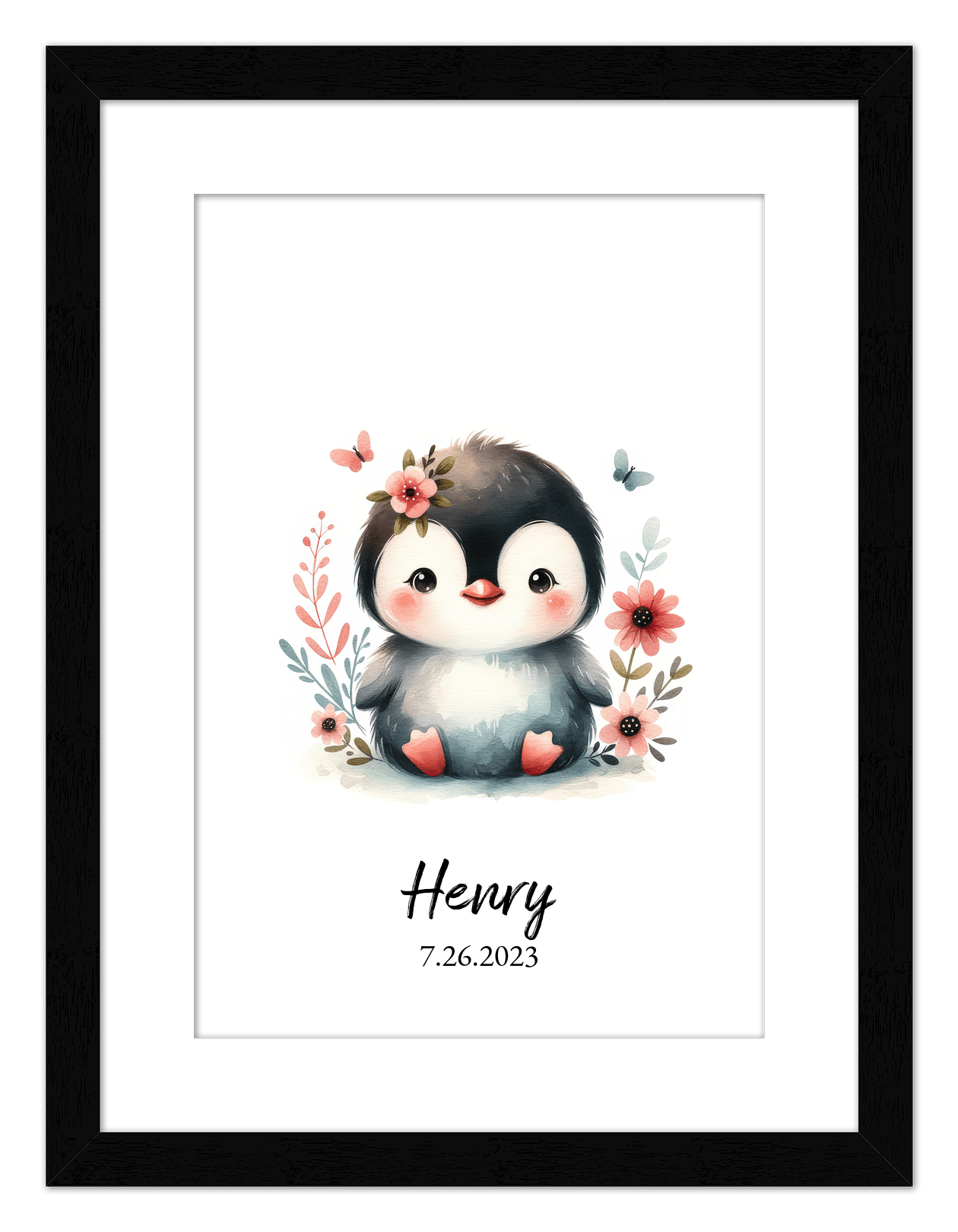 Personalized Nursery Wall Art - Custom Penguin Portrait Baby Room Decor, Cute Safari & Woodland Animal for Kids, Toddler Bedroom, Framed Artwork, Best Gift for Moms, Girls, Boys, Family, Couples, & Friends - Front View