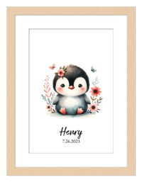 Thumbnail for Personalized Nursery Wall Art - Custom Penguin Portrait Baby Room Decor, Cute Safari & Woodland Animal for Kids, Toddler Bedroom, Framed Artwork, Best Gift for Moms, Girls, Boys, Family, Couples, & Friends - Front View