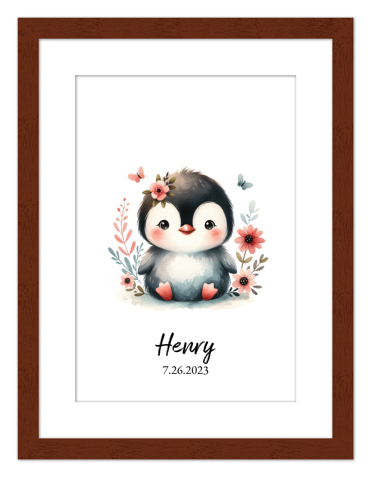 Personalized Nursery Wall Art - Custom Penguin Portrait Baby Room Decor, Cute Safari & Woodland Animal for Kids, Toddler Bedroom, Framed Artwork, Best Gift for Moms, Girls, Boys, Family, Couples, & Friends - Front View