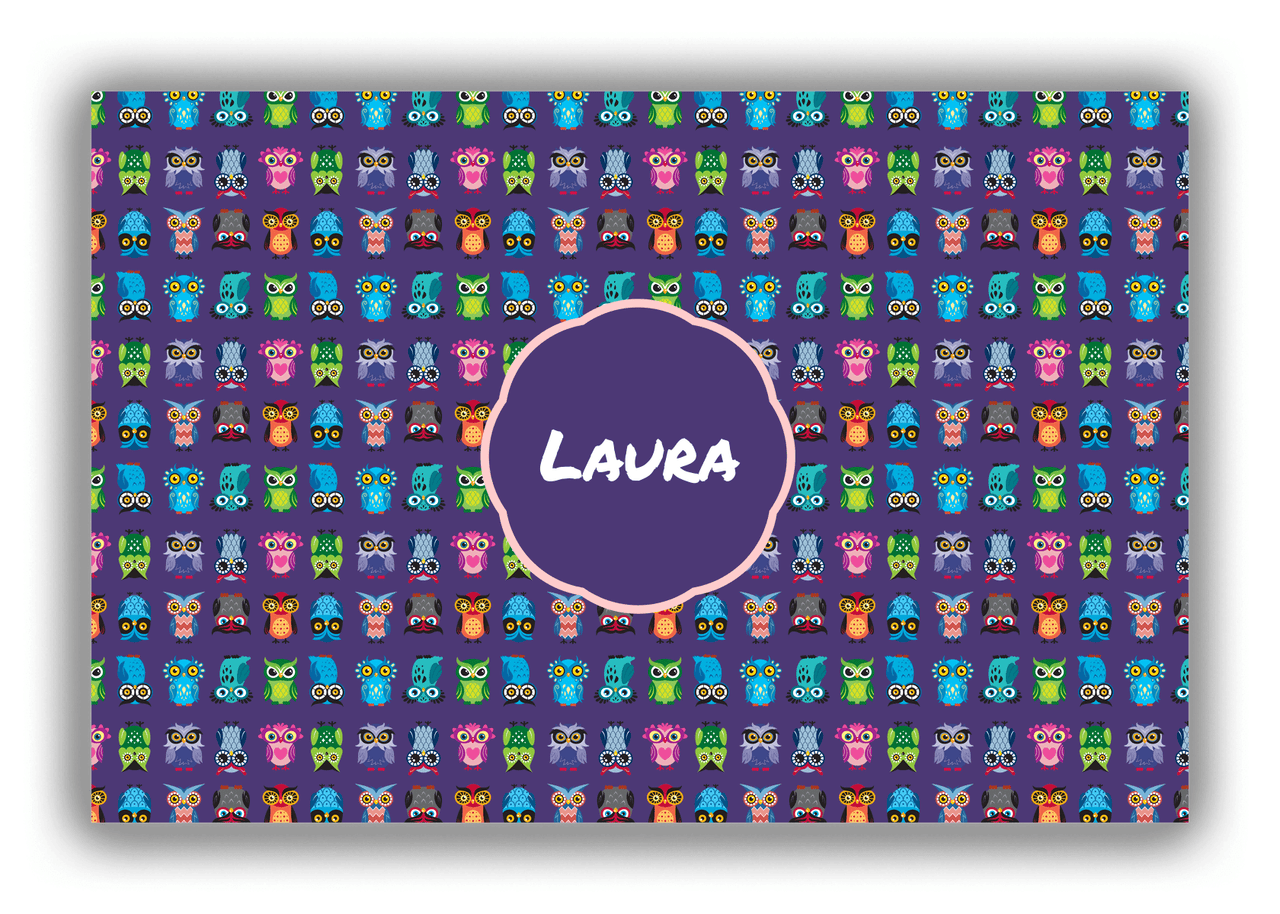 Personalized Owl Canvas Wrap & Photo Print X - Purple Background - Circle Nameplate - Front View