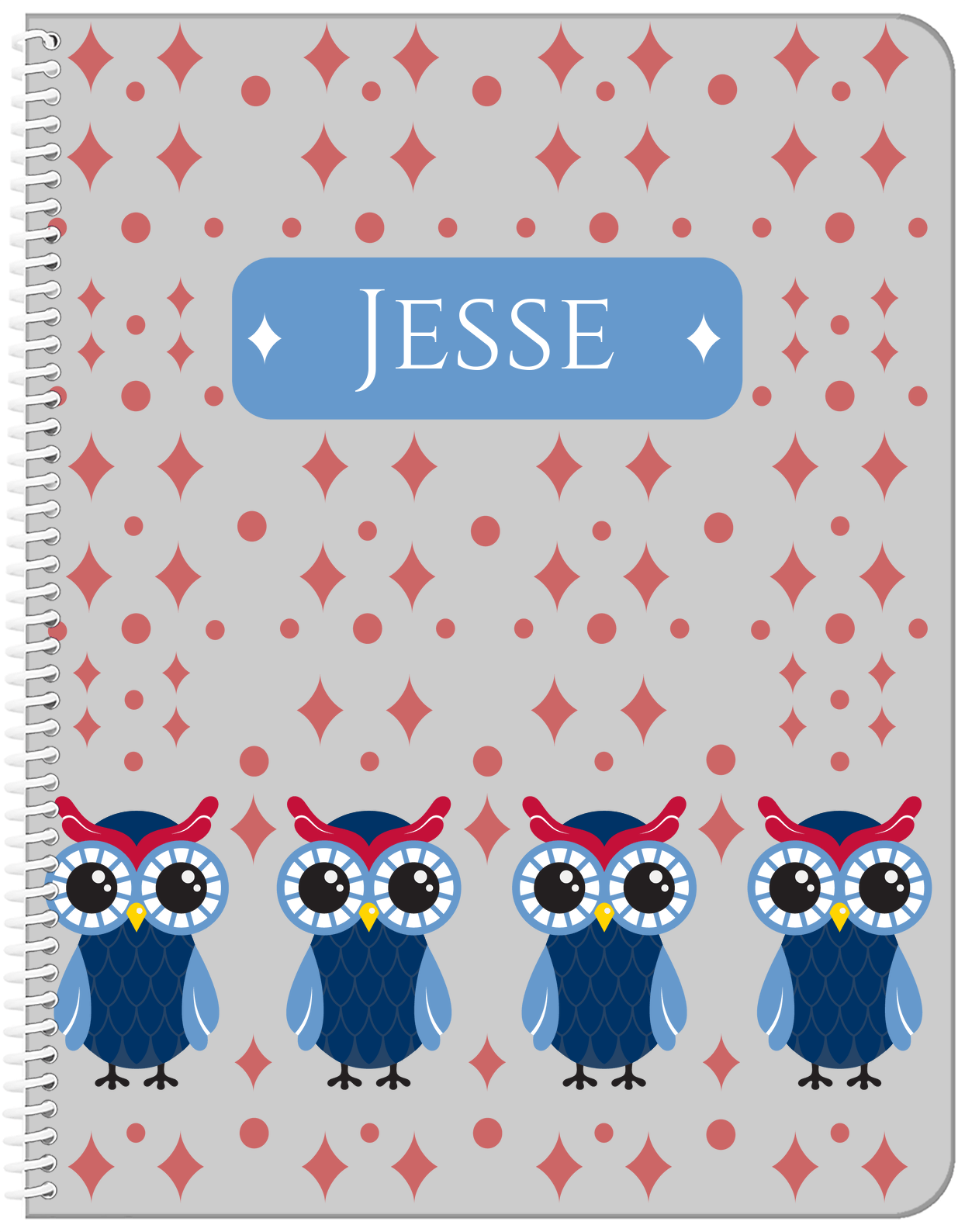 Personalized Owl Notebook II - Grey Background - Owl IV - Front View