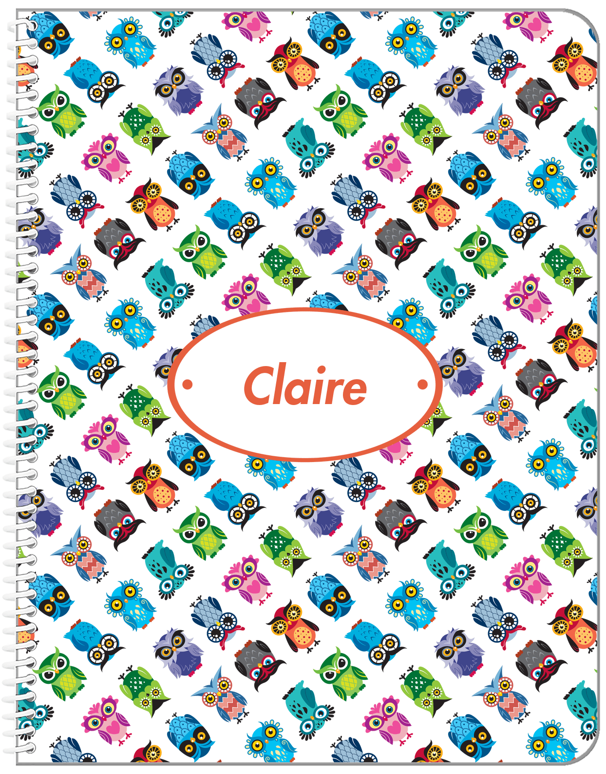 Personalized Owl Notebook IX - White Background - Oval Nameplate - Front View