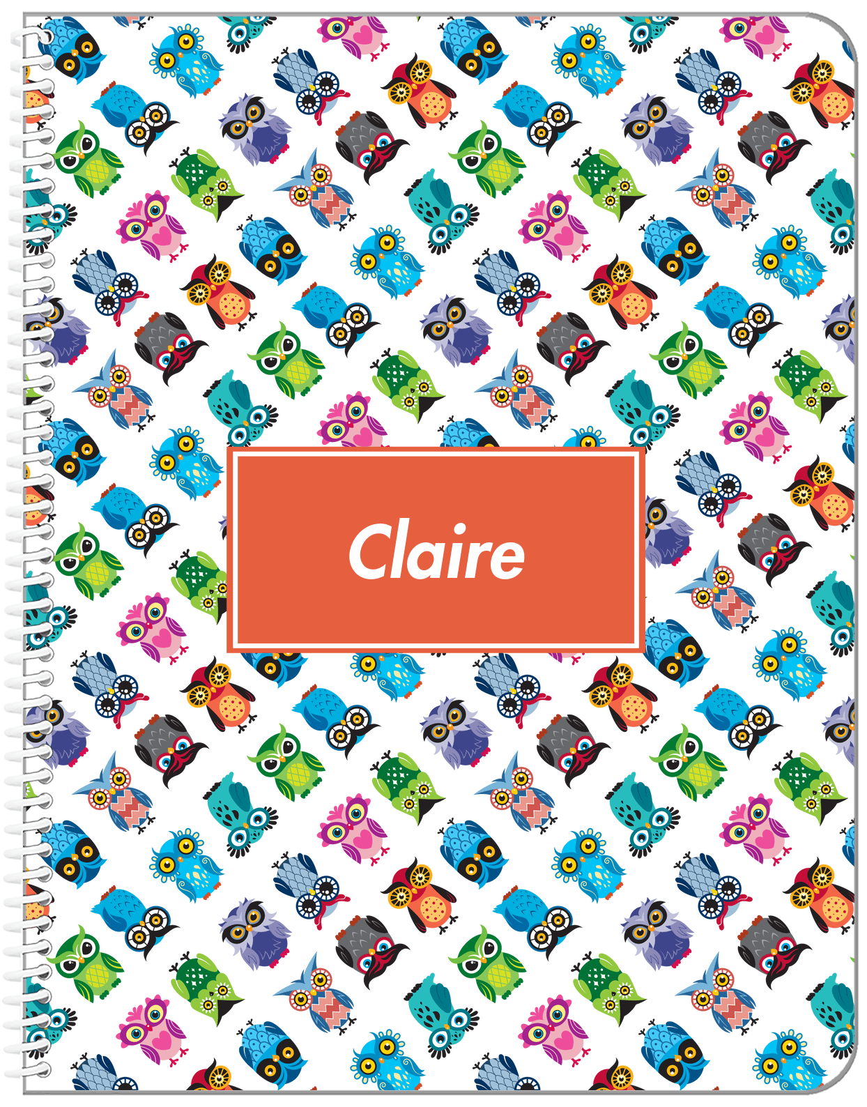 Personalized Owl Notebook IX - White Background - Rectangle Nameplate - Front View