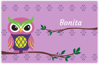 Thumbnail for Personalized Owl Placemat - On Branch - Owl 03 - Lilac Background with Indigo & Orchid Owl -  View