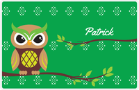 Thumbnail for Personalized Owl Placemat - On Branch - Owl 03 - Green Background with Brown Owl -  View