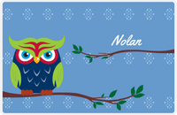 Thumbnail for Personalized Owl Placemat - On Branch - Owl 02 - Blue Background with Navy & Lime Owl -  View
