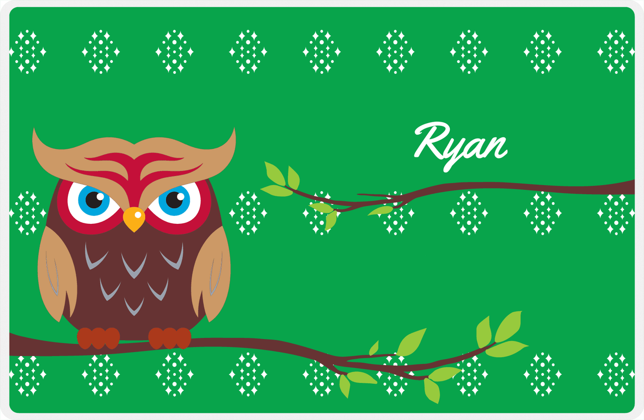 Personalized Owl Placemat - On Branch - Owl 02 - Green Background with Brown Owl -  View