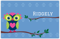 Thumbnail for Personalized Owl Placemat - On Branch - Owl 07 - Blue Background with Navy & Lime Owl -  View