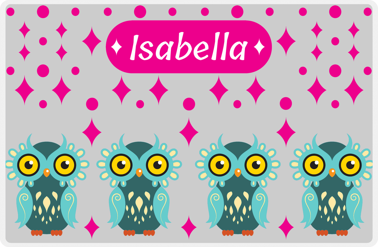 Personalized Owl Placemat - Diamonds - Owl 01 - Pink Background with Teal Owl -  View