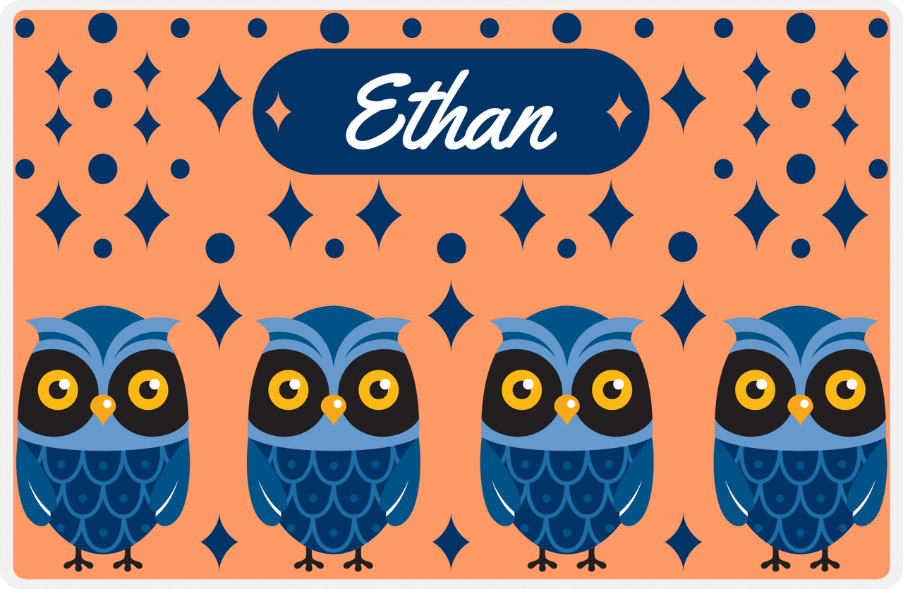 Personalized Owl Placemat - Diamonds - Owl 04 - Orange Background with Blue Owl -  View