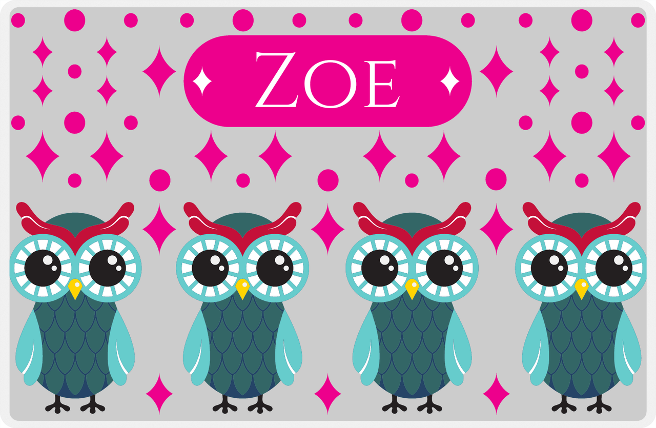 Personalized Owl Placemat - Diamonds - Owl 06 - Pink Background with Teal Owl -  View