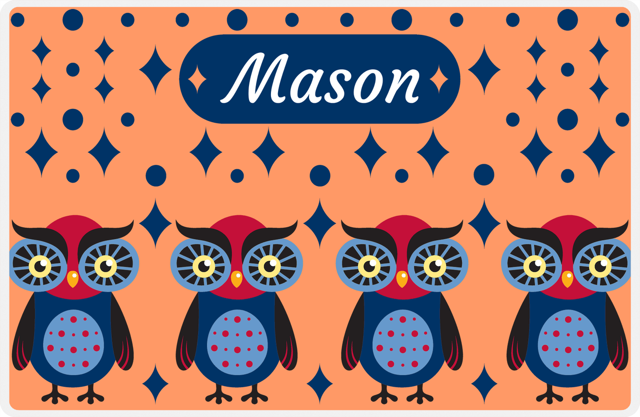 Personalized Owl Placemat - Diamonds - Owl 11 - Orange Background with Blue Owl -  View