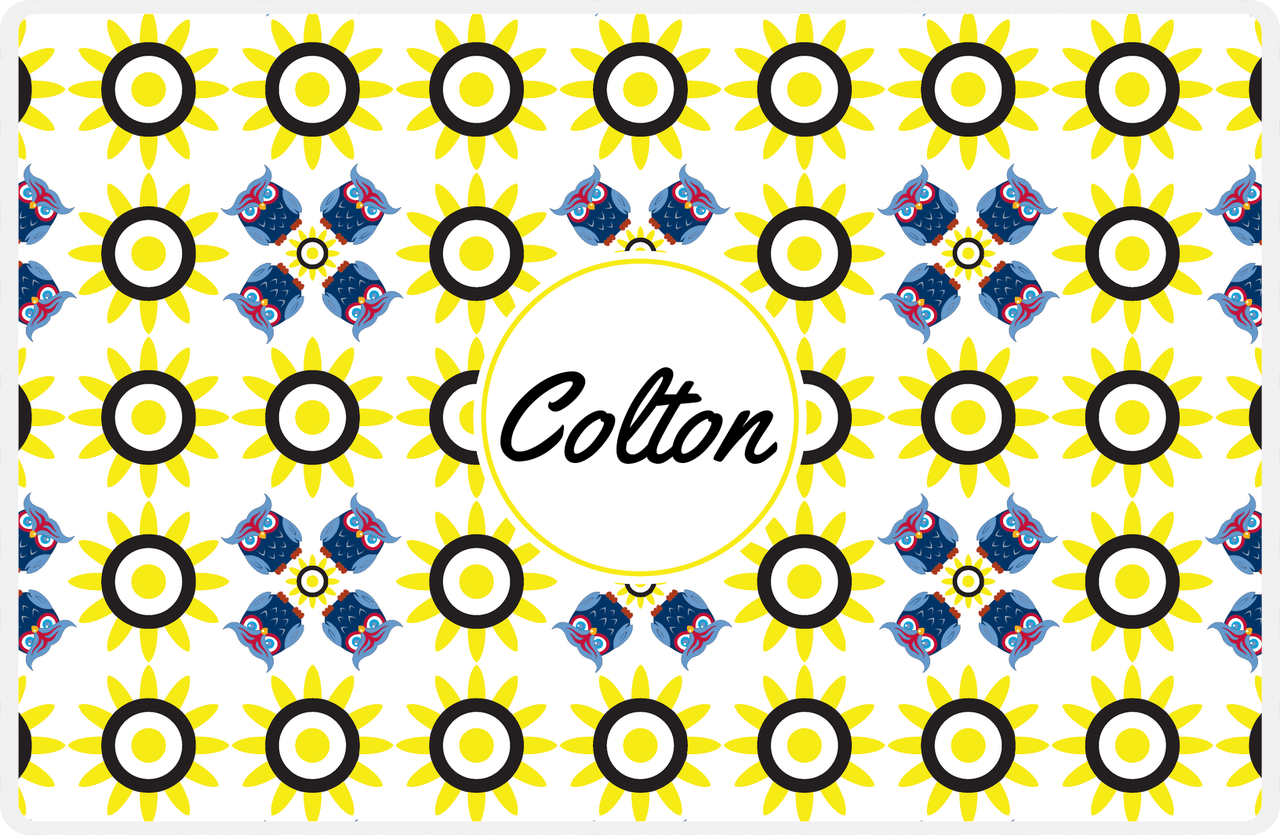Personalized Owl Placemat - Sunflowers - Owl 02 - White Background with Blue Owl -  View