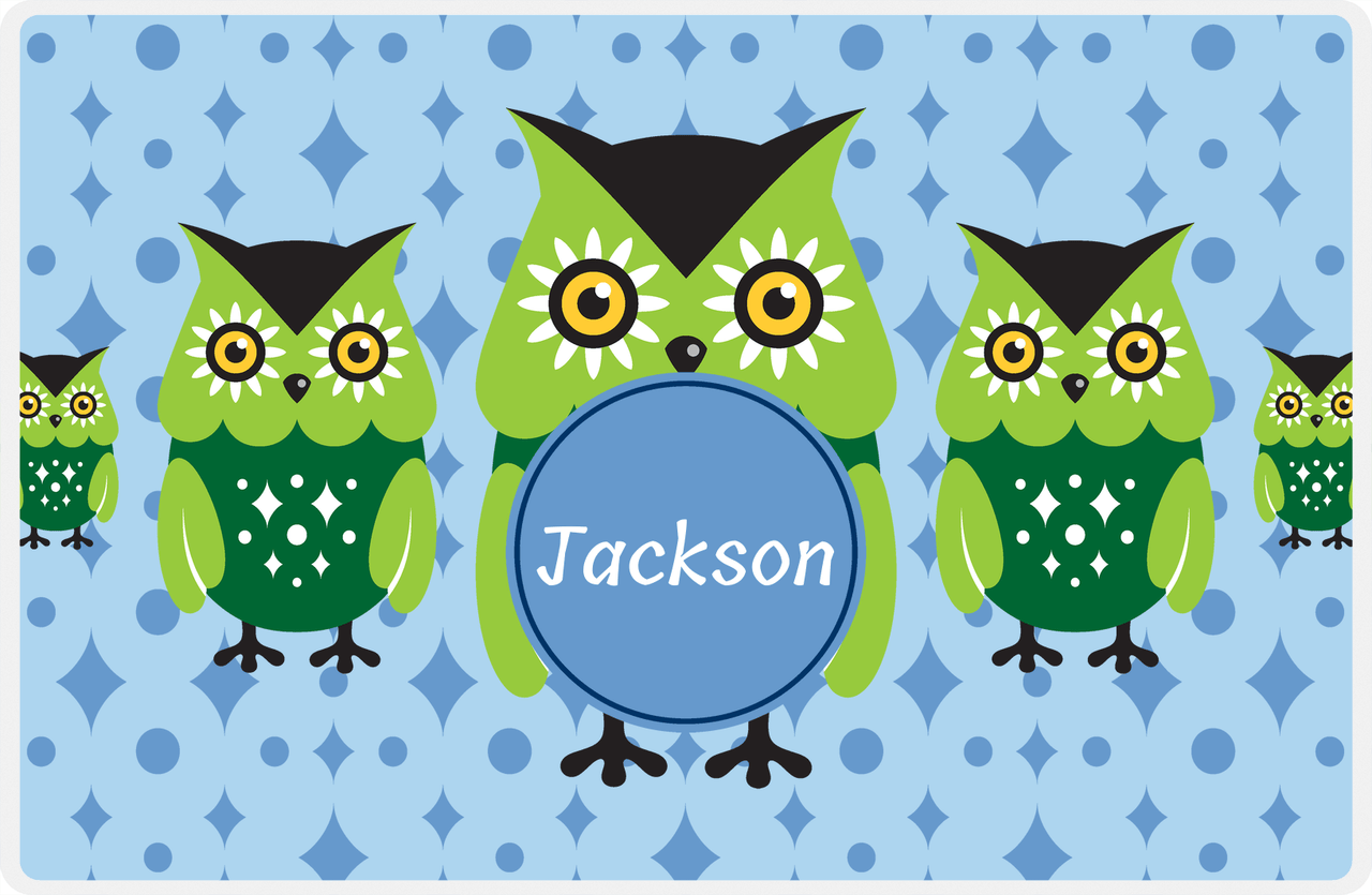 Personalized Owl Placemat - Five Owls - Owl 08 - Blue Background with Blue Nameplate -  View