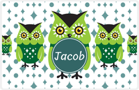 Thumbnail for Personalized Owl Placemat - Five Owls - Owl 08 - White Background with Teal Nameplate -  View