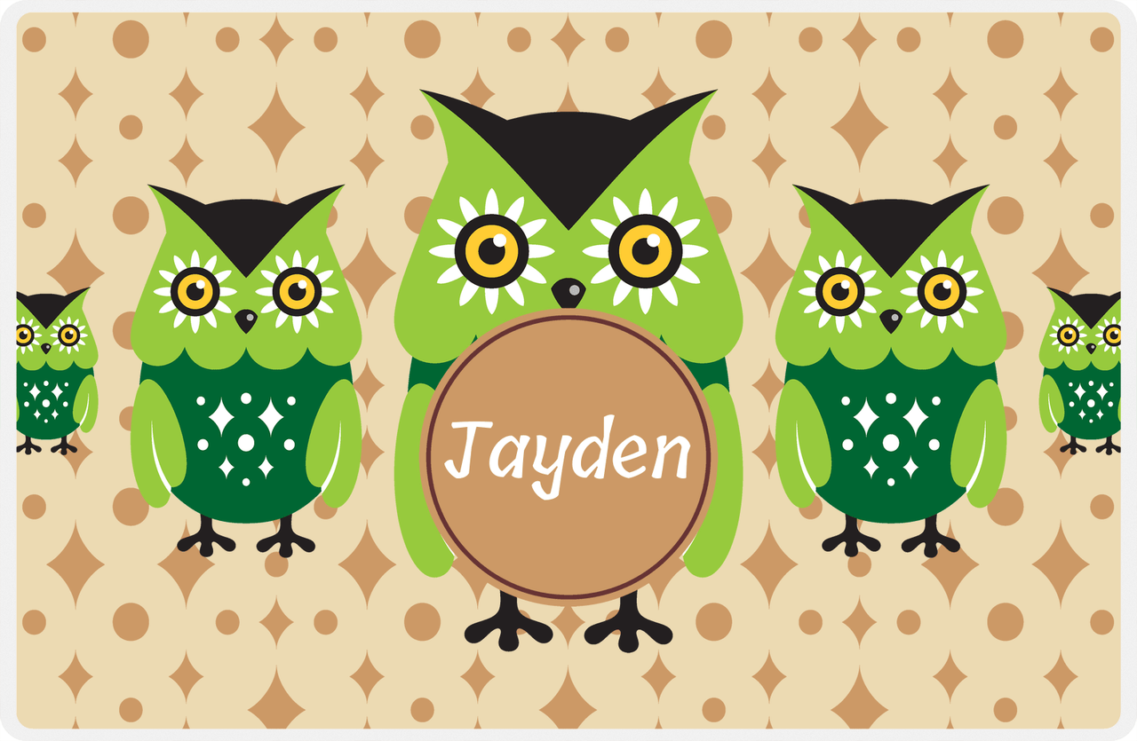 Personalized Owl Placemat - Five Owls - Owl 08 - Champagne Background with Brown Nameplate -  View
