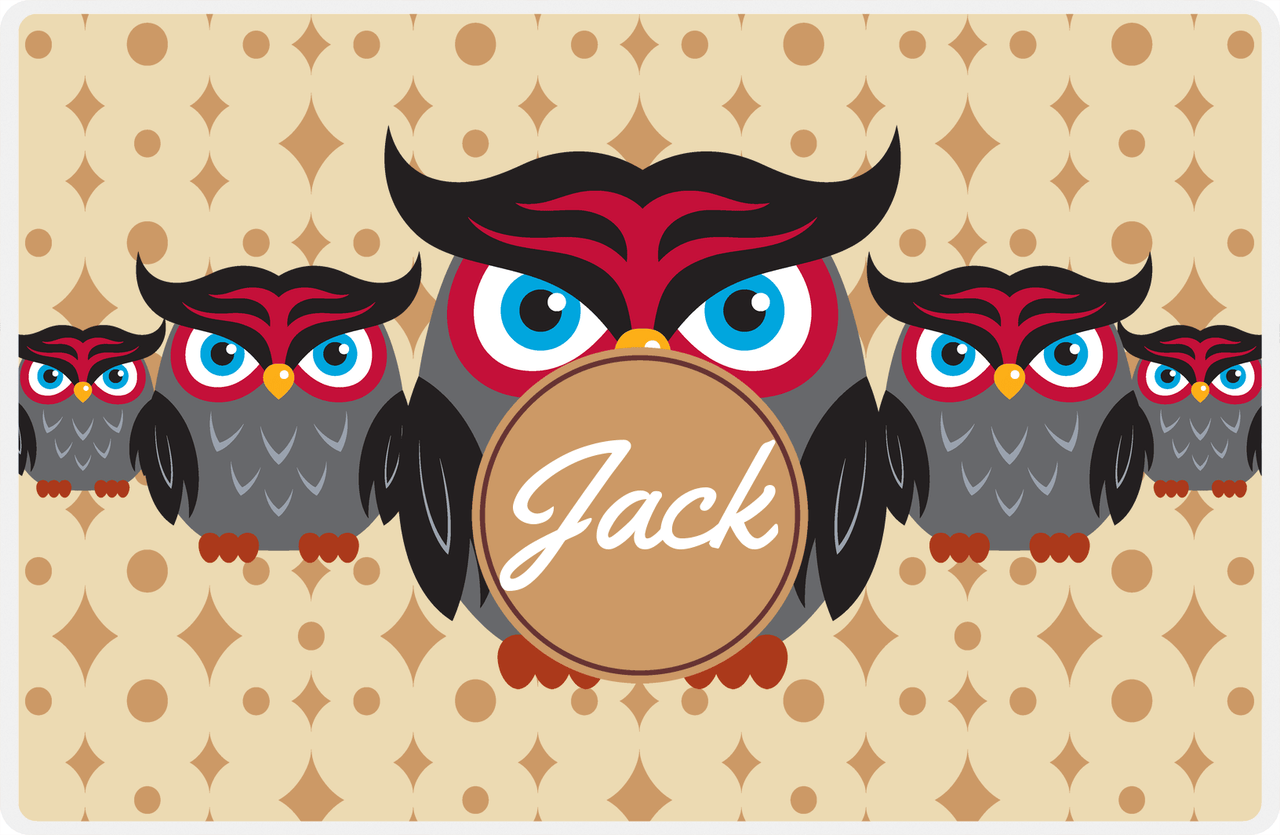 Personalized Owl Placemat - Five Owls - Owl 02 - Champagne Background with Brown Nameplate -  View