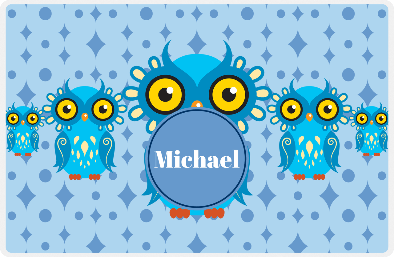 Personalized Owl Placemat - Five Owls - Owl 01 - Blue Background with Blue Nameplate -  View