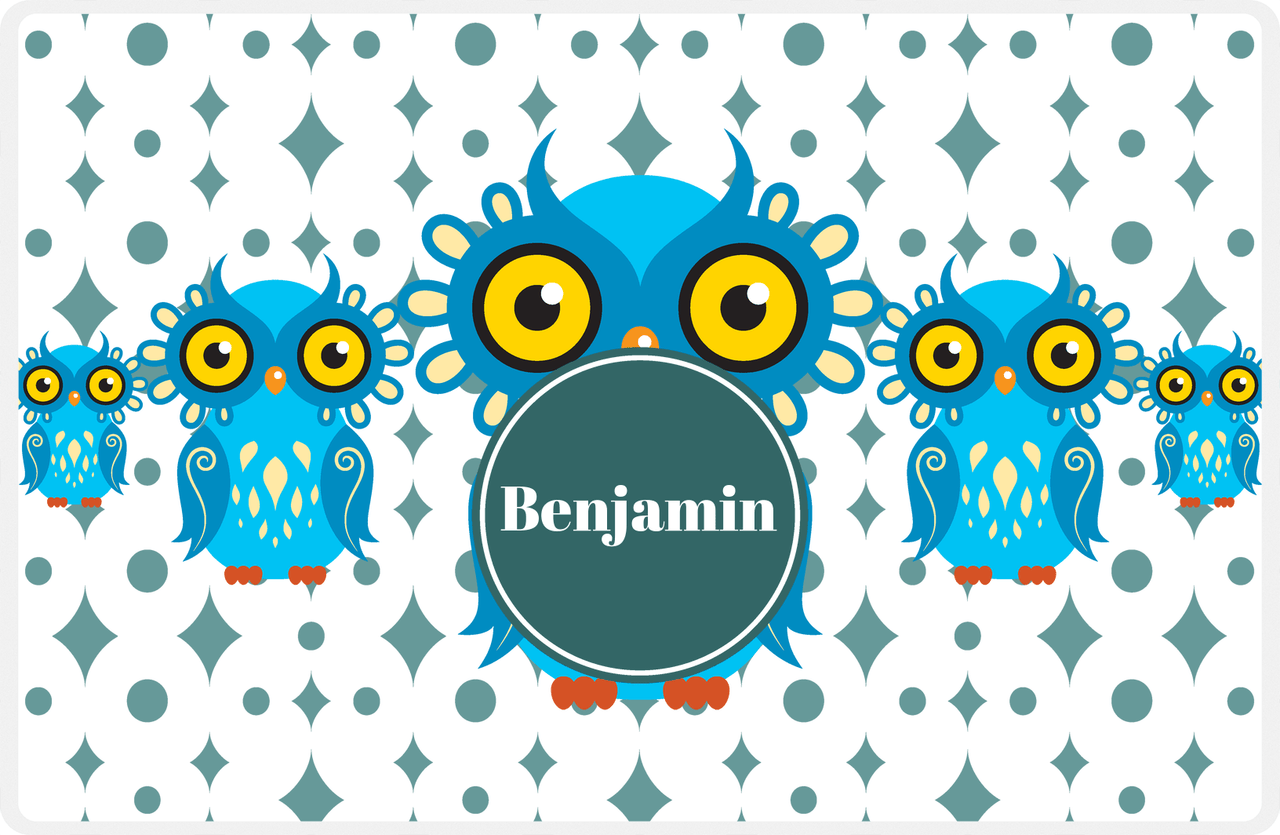 Personalized Owl Placemat - Five Owls - Owl 01 - White Background with Teal Nameplate -  View
