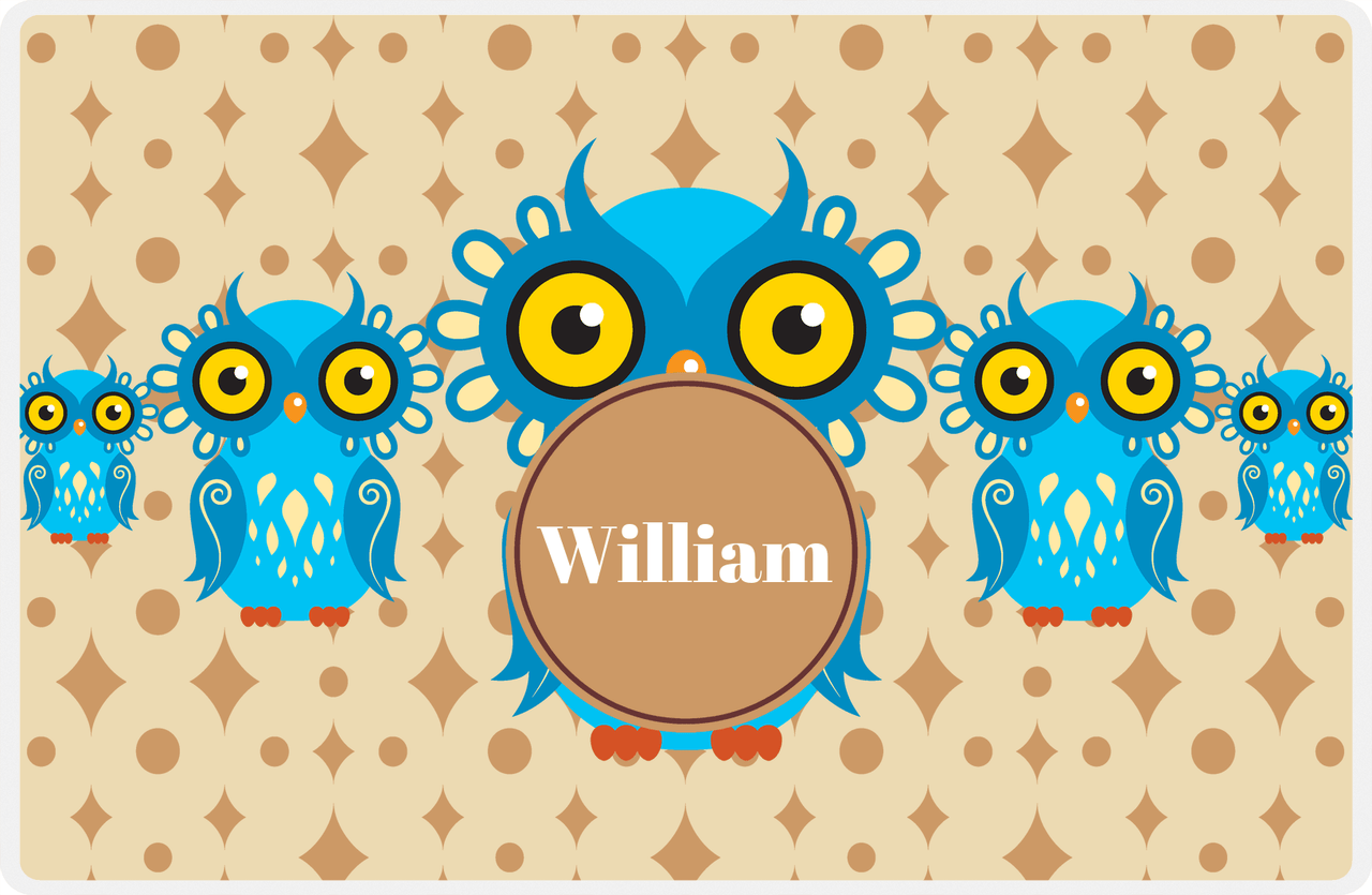 Personalized Owl Placemat - Five Owls - Owl 01 - Champagne Background with Brown Nameplate -  View