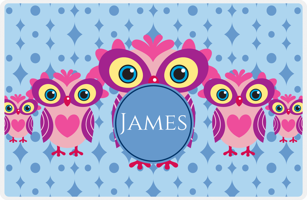 Personalized Owl Placemat - Five Owls - Owl 07 - Blue Background with Blue Nameplate -  View