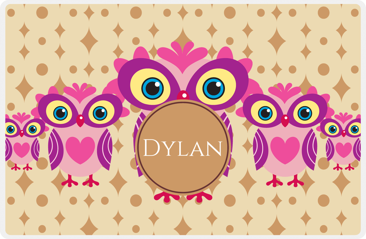 Personalized Owl Placemat - Five Owls - Owl 07 - Champagne Background with Brown Nameplate -  View