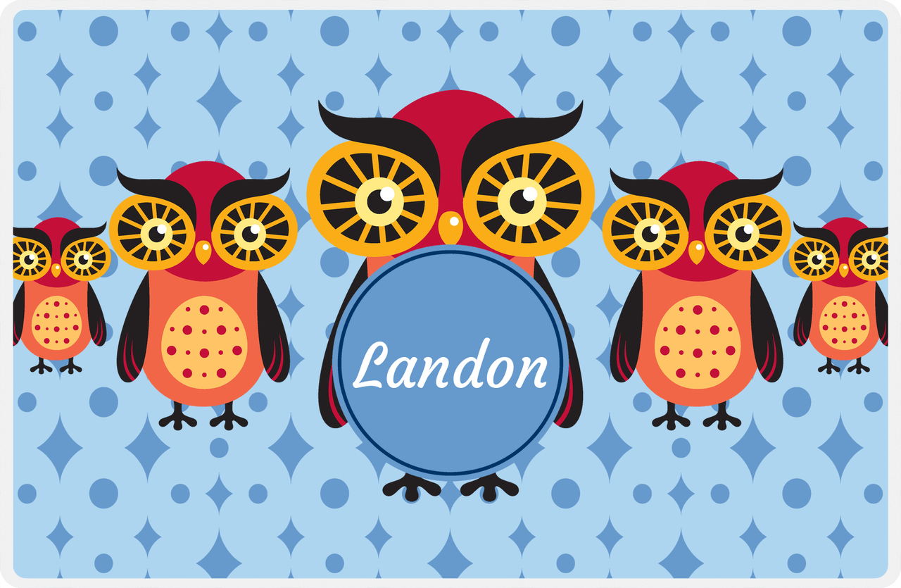 Personalized Owl Placemat - Five Owls - Owl 11 - Blue Background with Blue Nameplate -  View