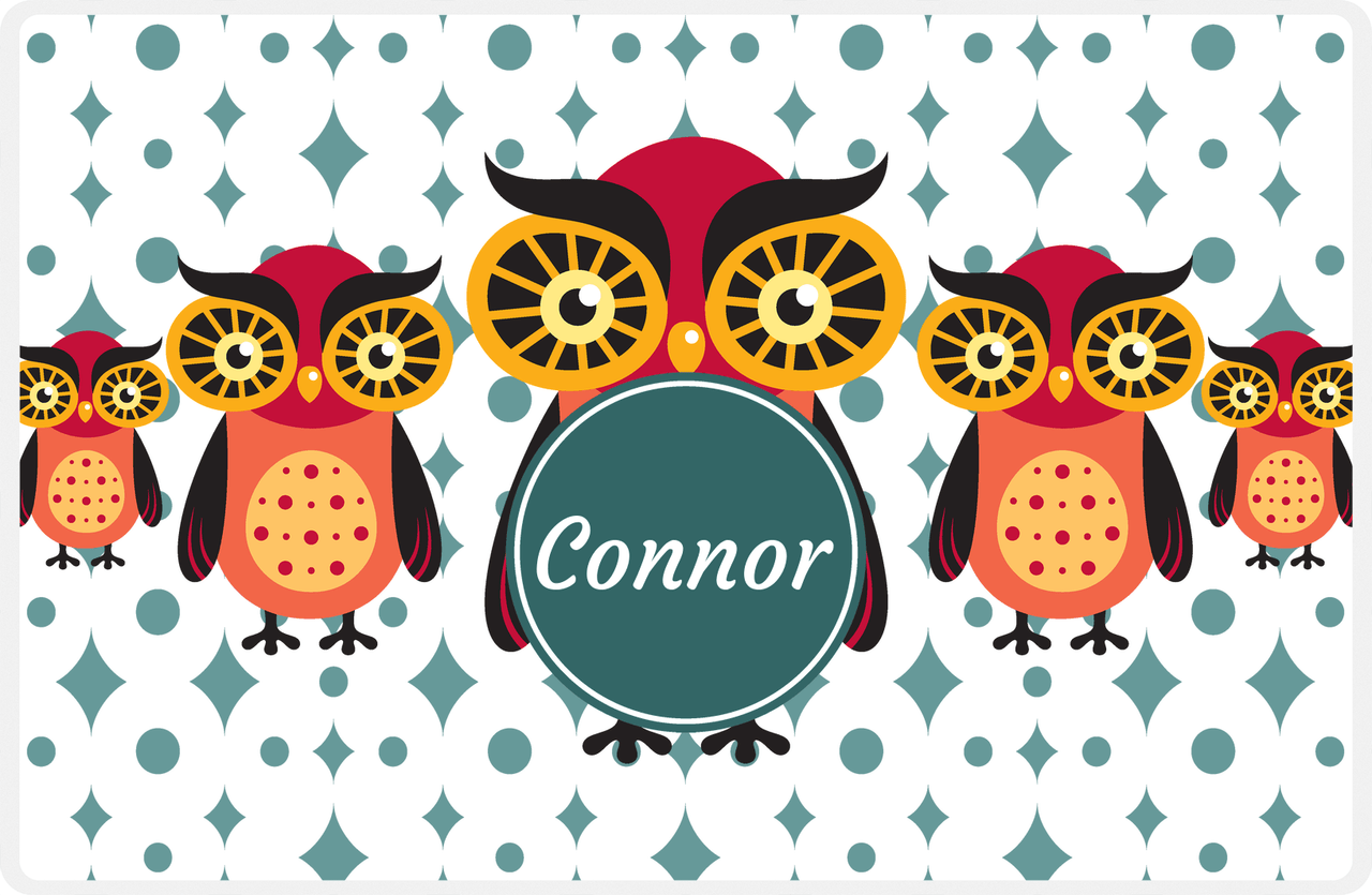 Personalized Owl Placemat - Five Owls - Owl 11 - White Background with Teal Nameplate -  View