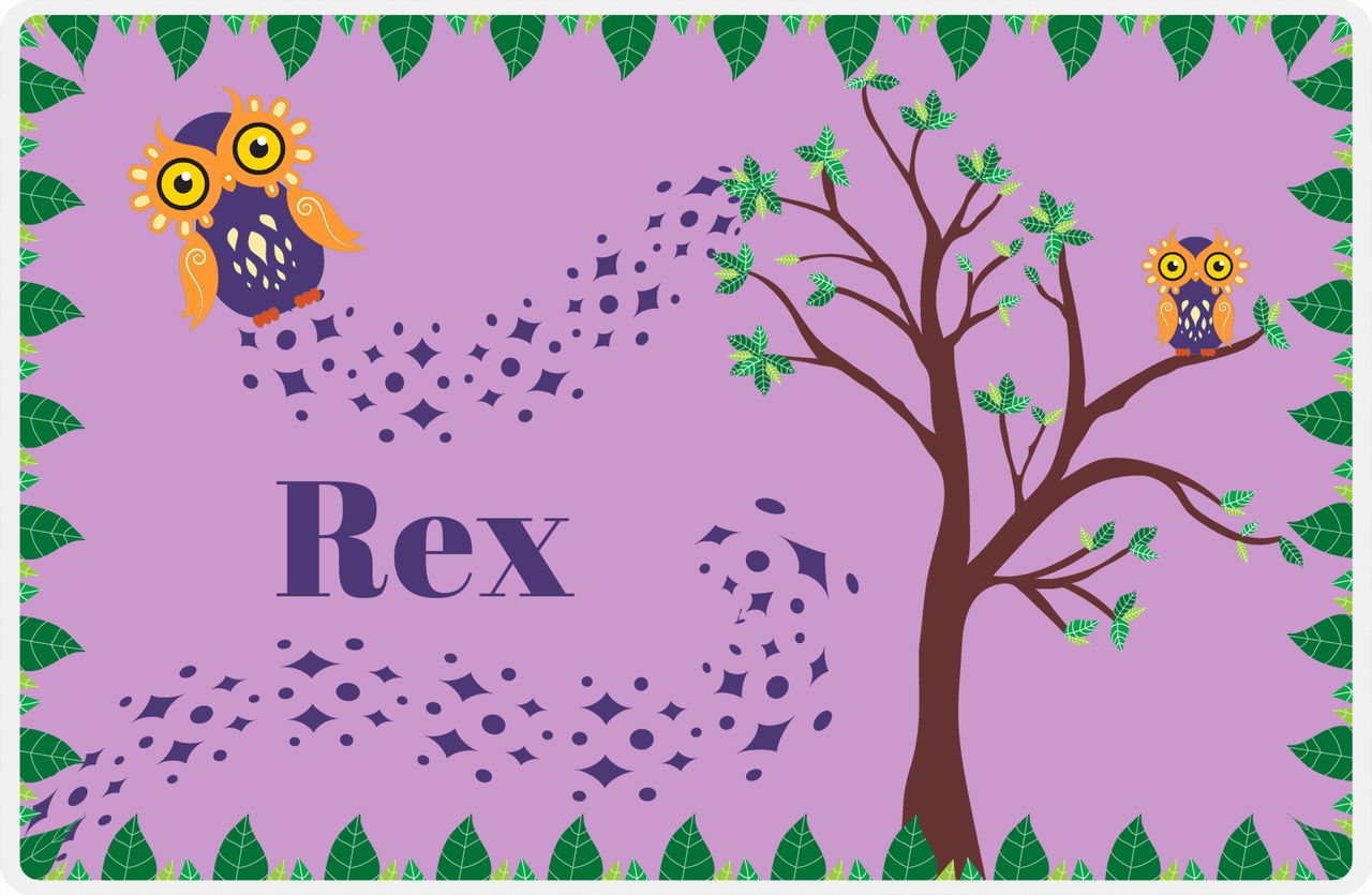 Personalized Owl Placemat - Above the Trees - Owl 01 - Purple Background with Orange Owl -  View