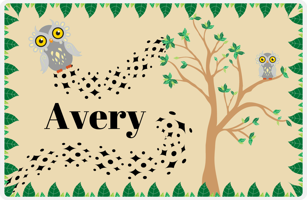 Personalized Owl Placemat - Above the Trees - Owl 01 - Brown Background with Grey Owl -  View