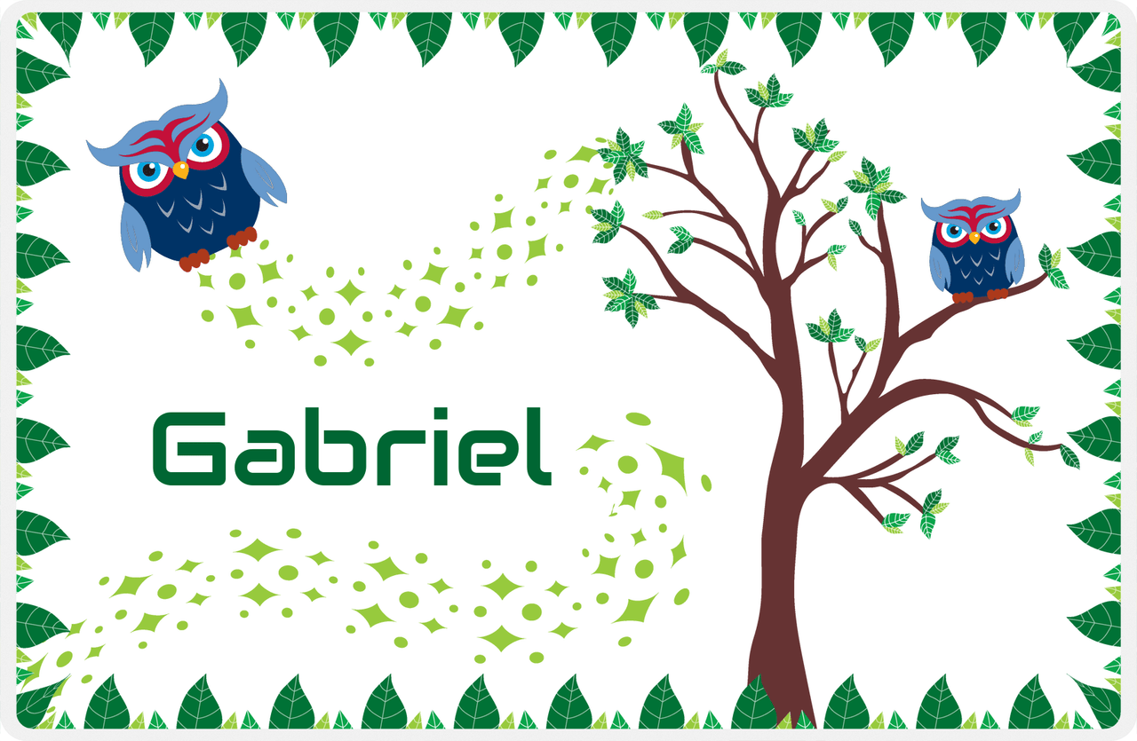 Personalized Owl Placemat - Above the Trees - Owl 02 - White Background with Blue Owl -  View