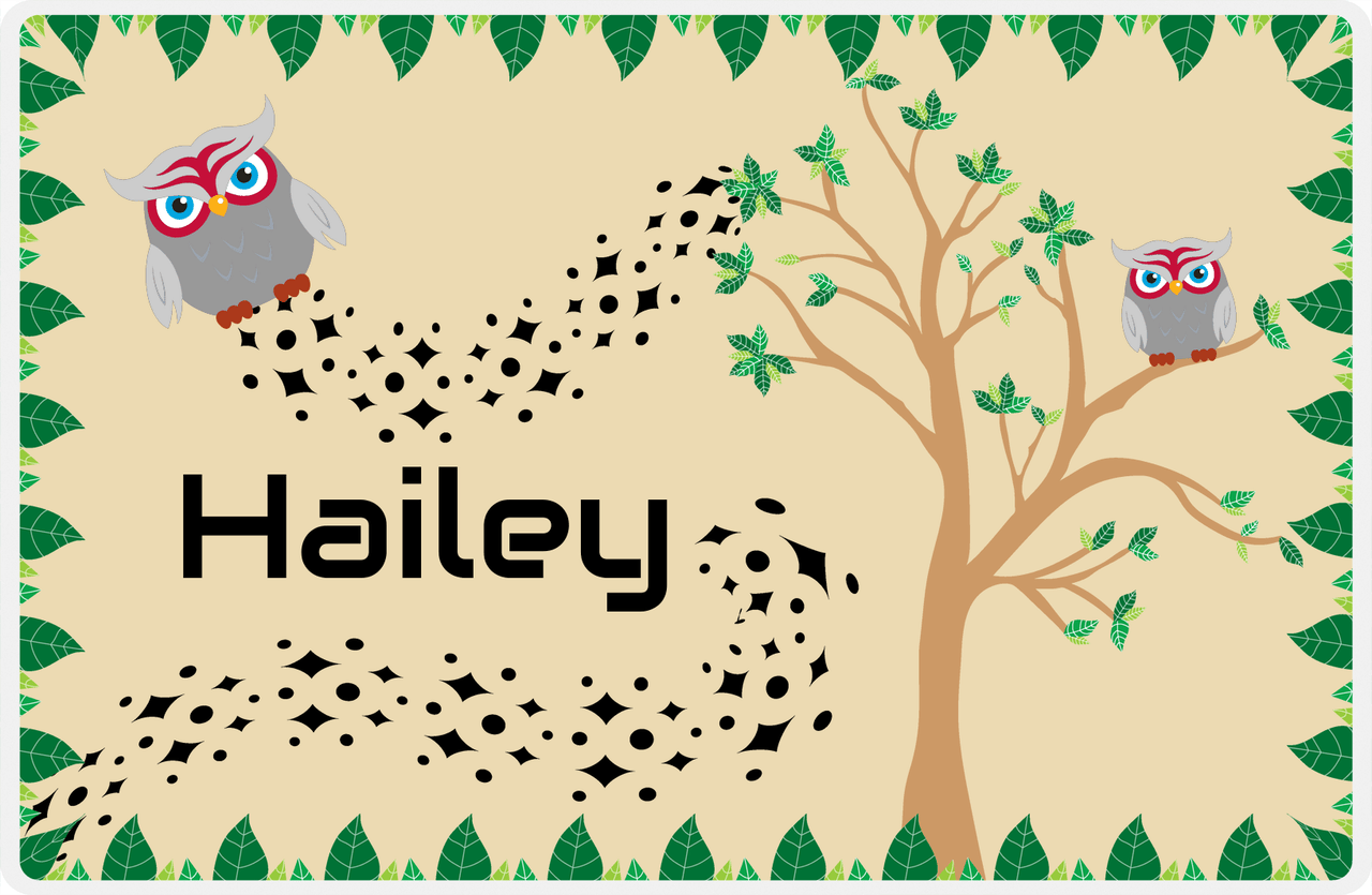 Personalized Owl Placemat - Above the Trees - Owl 02 - Brown Background with Grey Owl -  View