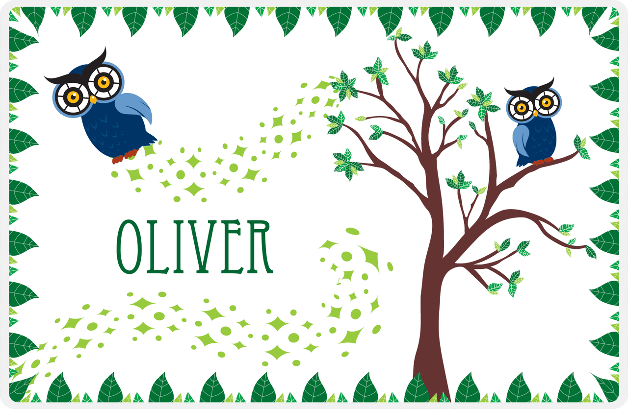 Personalized Owl Placemat - Above the Trees - Owl 12 - White Background with Blue Owl -  View