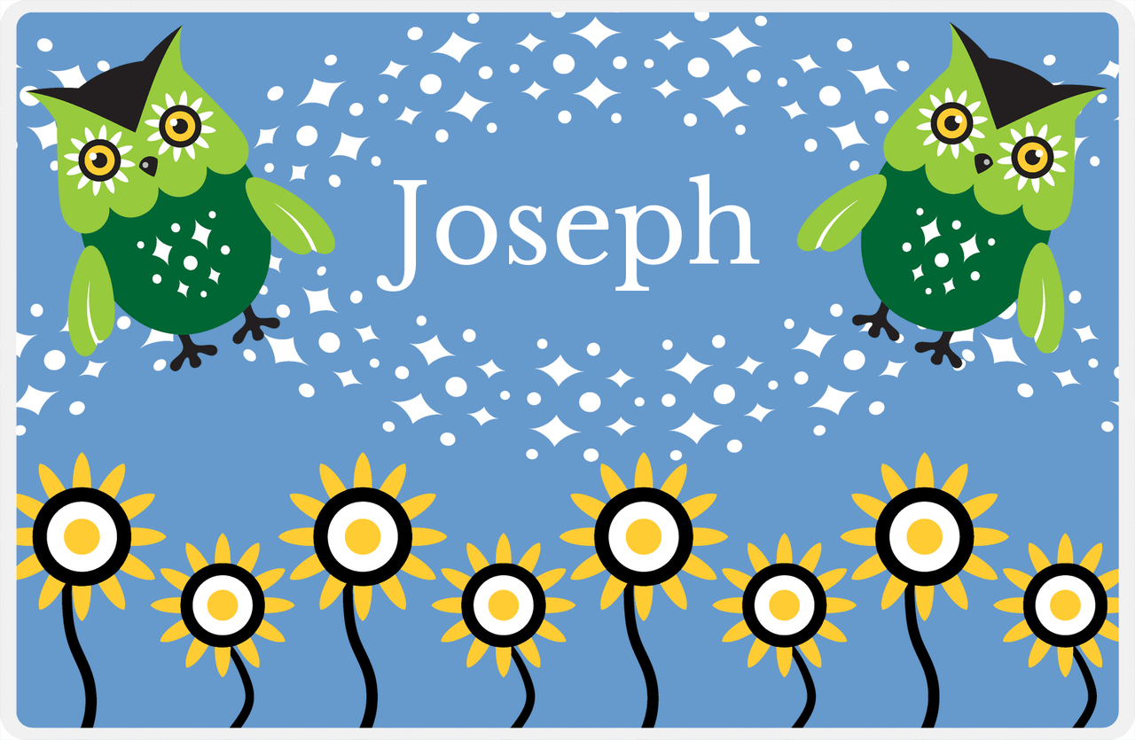 Personalized Owl Placemat - Sunflowers II - Owl 08 - Blue Background with Green Owl -  View