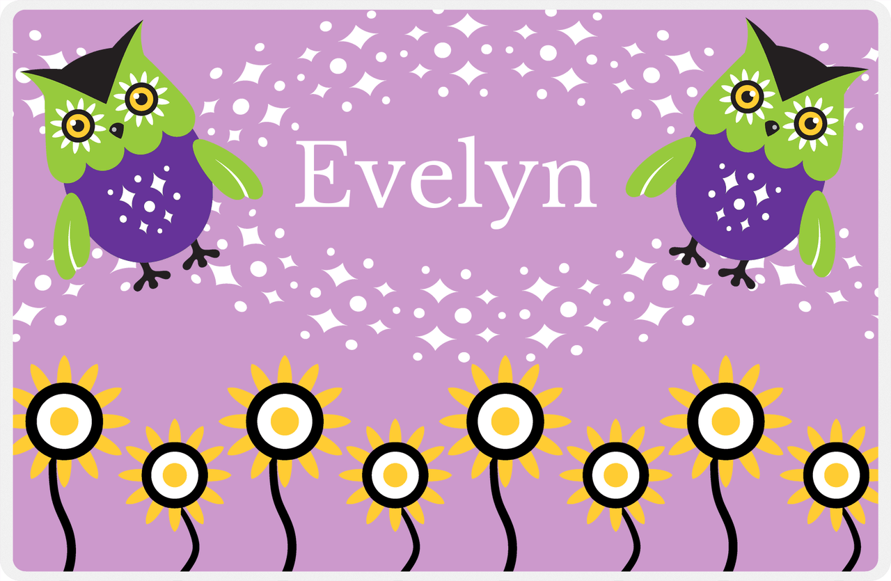 Personalized Owl Placemat - Sunflowers II - Owl 08 - Pink Background with Purple Owl -  View