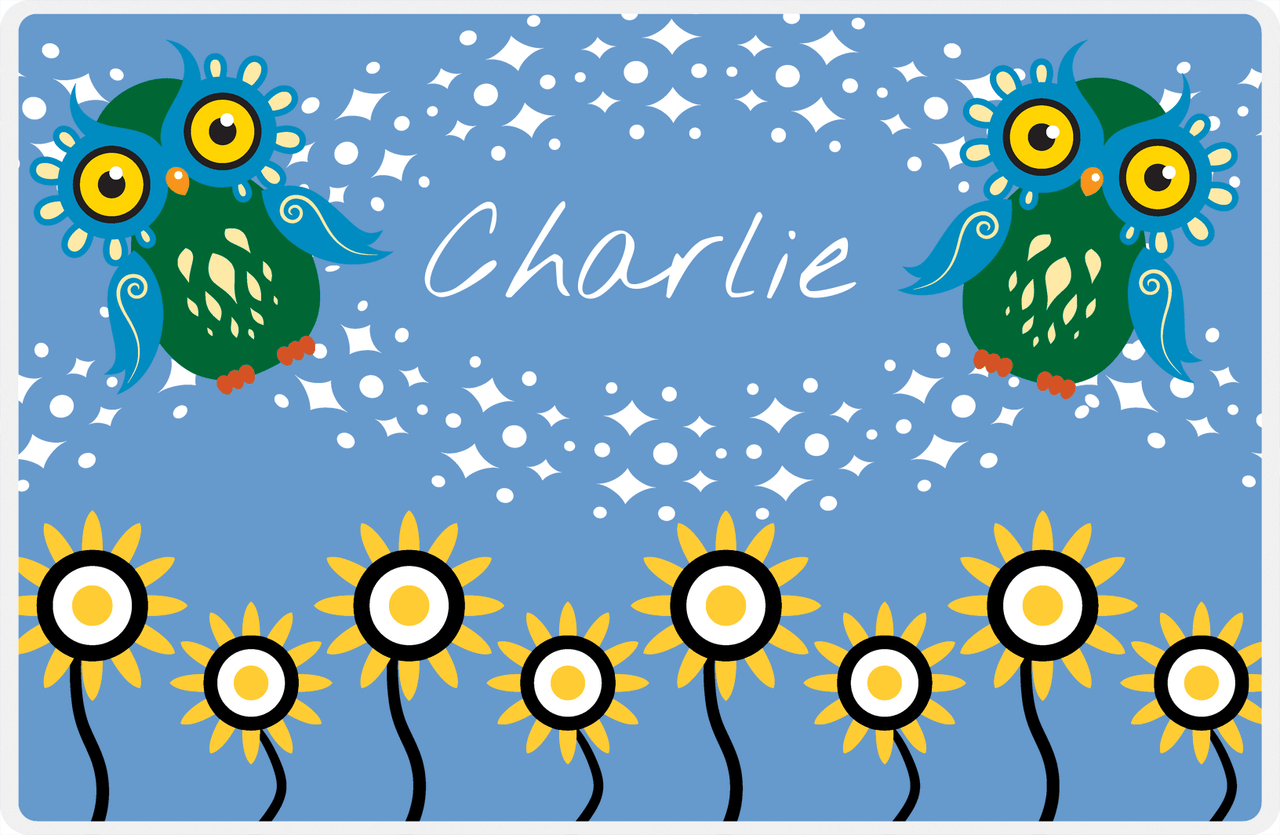 Personalized Owl Placemat - Sunflowers II - Owl 01 - Blue Background with Green Owl -  View
