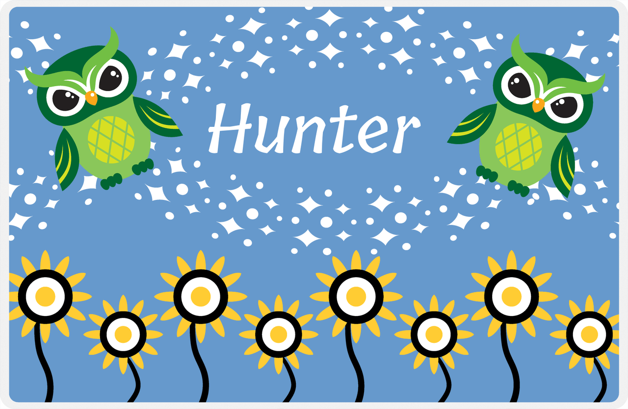 Personalized Owl Placemat - Sunflowers II - Owl 03 - Blue Background with Green Owl -  View