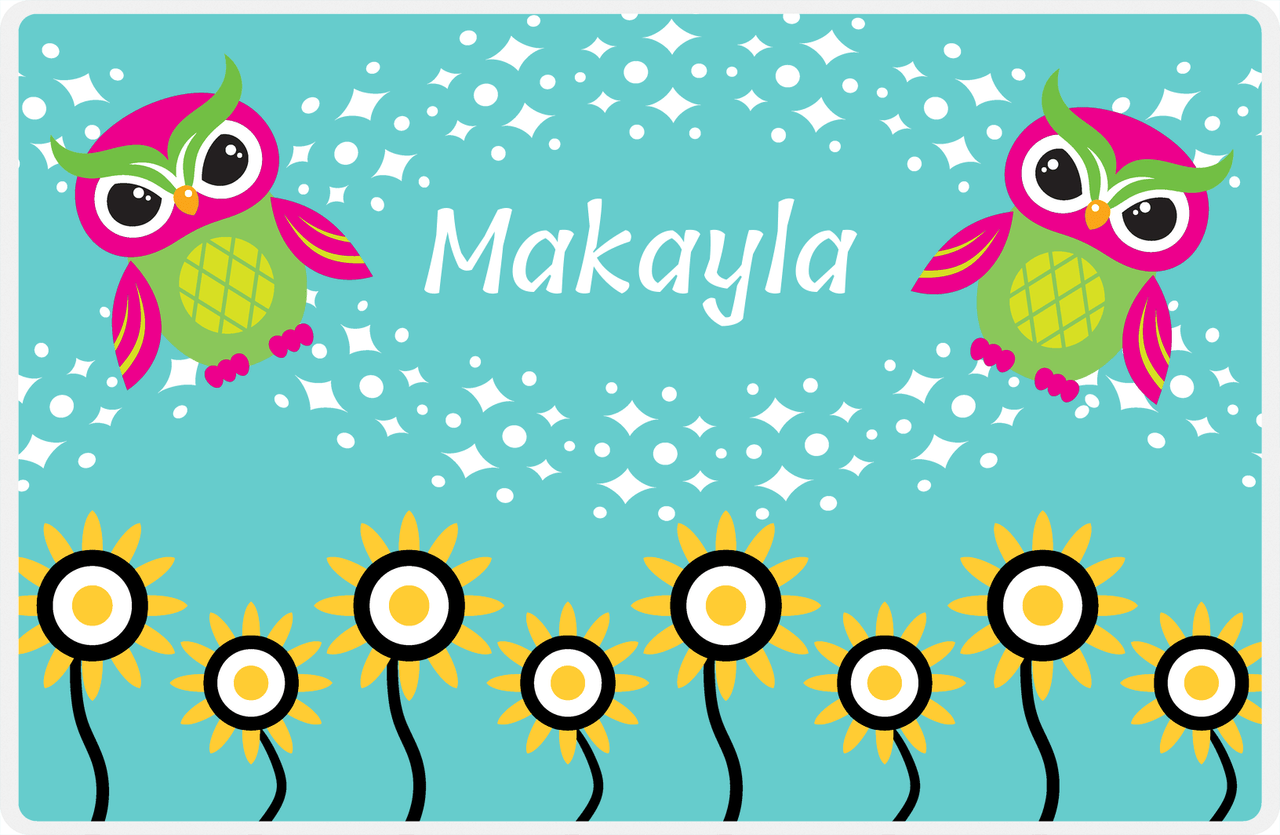 Personalized Owl Placemat - Sunflowers II - Owl 03 - Teal Background with Pink Owl -  View